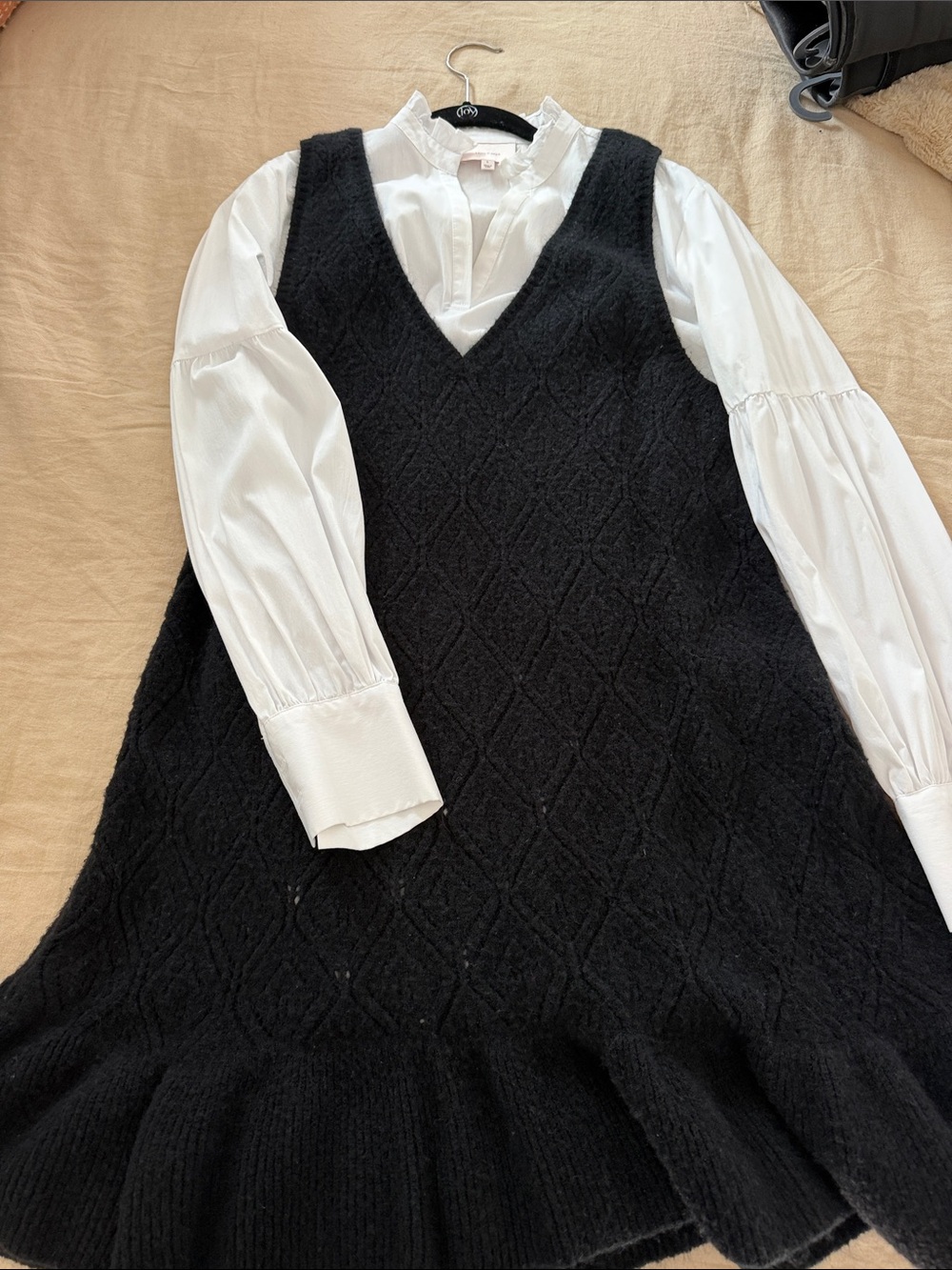 cinq a sept Black V-Neck Sweater Vest with White Blouse Detail